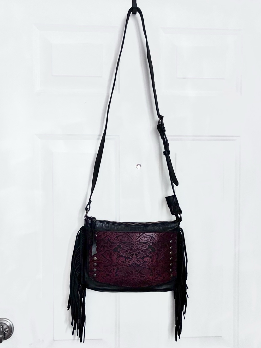 Fringed Tooled Leather Crossbody Bag - Black & Burgundy - Picture 2 of 10